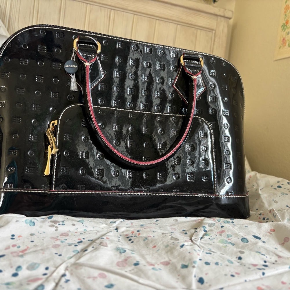 Arcadia black patent leather dome satchel handbag
